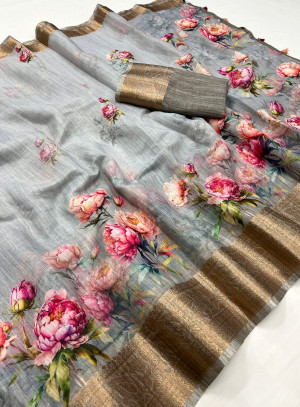 Gray color linen silk saree with printed work