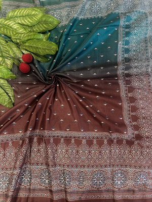 Rama green and coffee color soft silk saree with ajrakh printed work