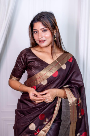 Coffee color soft linen silk saree with jamdani woven design