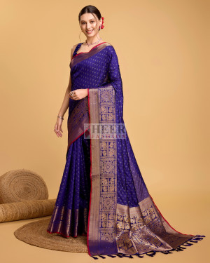 Violet color banarasi silk saree with zari weaving work