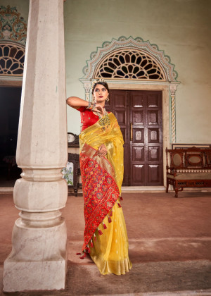 Yellow color cotton silk saree with zari weaving work