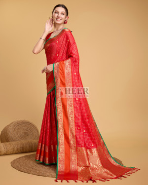 Red color cotton silk saree with zari weaving work