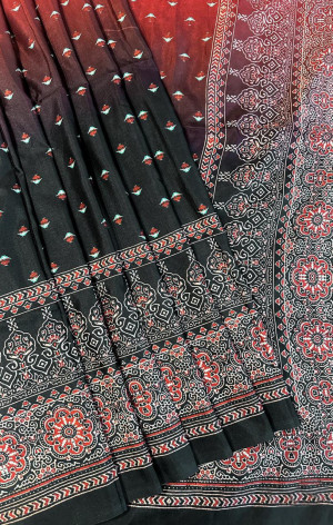 Orange and black color soft silk saree with printed work