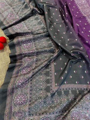 Purple and gray color soft silk saree with printed work