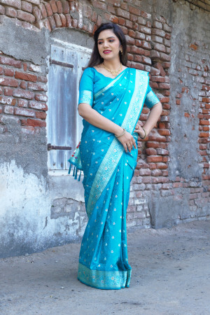 Firoji color soft satin silk saree with zari weaving work