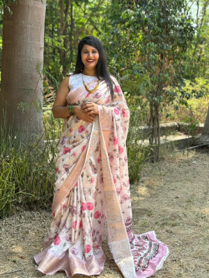 Off white color dola silk saree with printed work