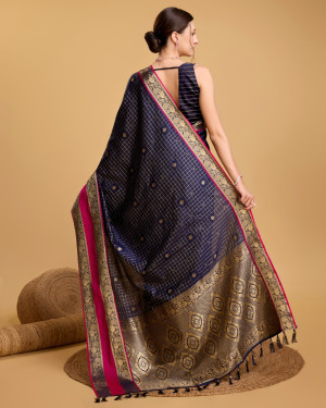 Navy blue color cotton silk saree with zari weaving work