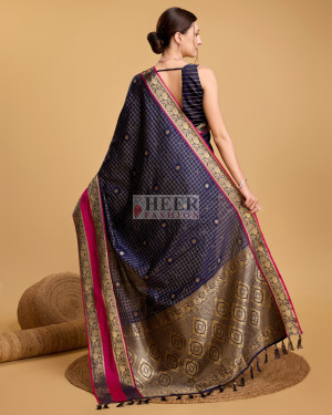 Navy blue color cotton silk saree with zari weaving work