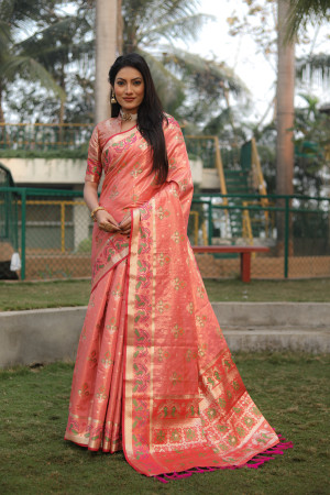 Pink color soft organza silk saree with patola woven design