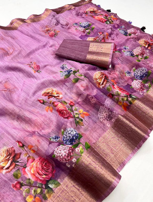 Magenta color linen silk saree with printed work