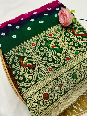 Pink and green color bandhej silk saree with meenakari weaving work