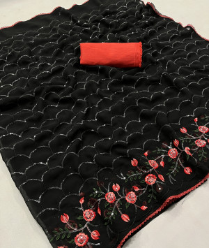 Black color soft chiffon saree with embroidery and sequence work
