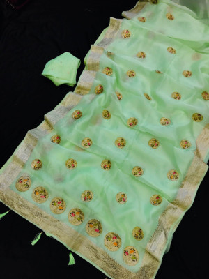 Pista green color organza silk saree with moti work