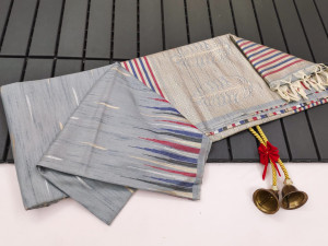 Gray color soft tussar silk saree with zari woven work
