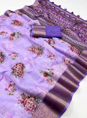 Lavender color linen silk saree with printed work