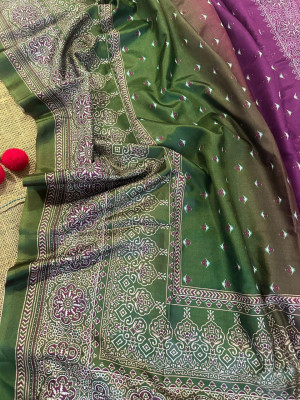 Magenta and mahendi green color soft silk saree with ajrakh printed work