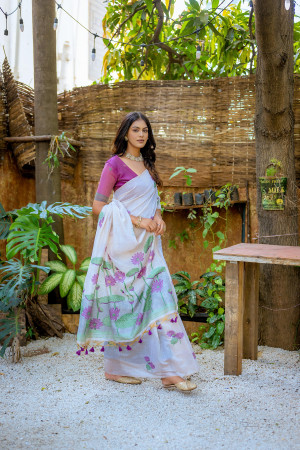 Magenta color soft muga silk saree with floral weaving work