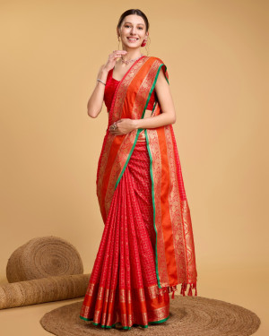 Red color cotton silk saree with zari weaving work