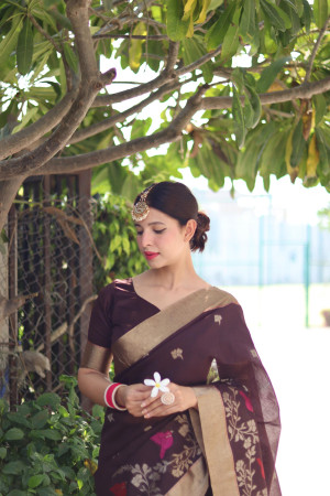 Coffee color soft linen silk saree with jamdani woven design