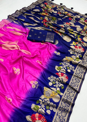 Pink and blue color dola silk saree with zari weaving work