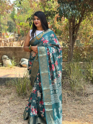 Green color dola silk saree with printed work