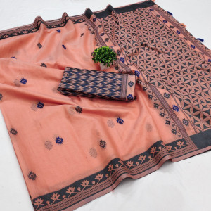 Peach color cotton saree with weaving work