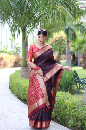 Coffee color tussar silk saree with weaving work