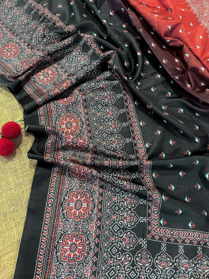 Orange and black color soft silk saree with printed work
