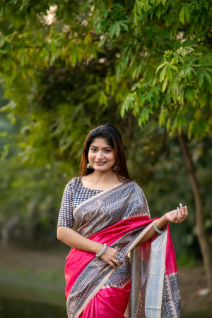 Pink color tussar silk saree with madhubani printed work