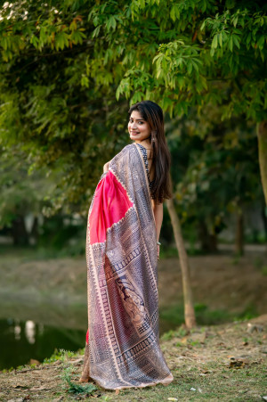 Pink color tussar silk saree with madhubani printed work