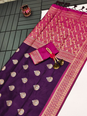 Magenta color soft tussar silk saree with zari weaving work