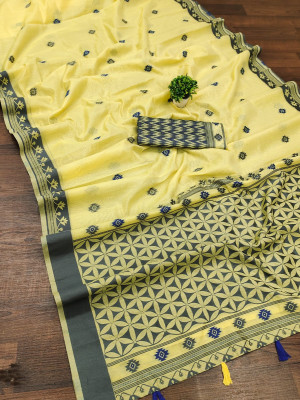 Lemon yellow color cotton saree with weaving work