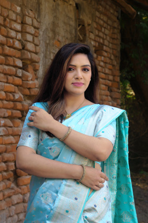 Sky blue color soft satin silk saree with zari weaving work