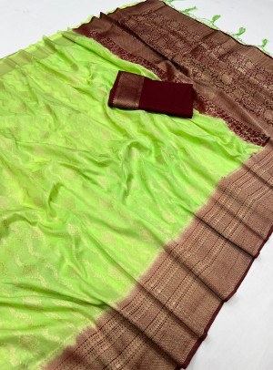 Parrot green color georgette saree with zari weaving work