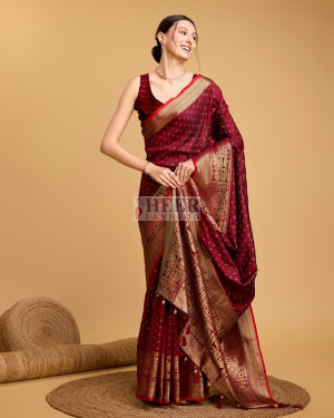 Maroon color banarasi silk saree with zari weaving work