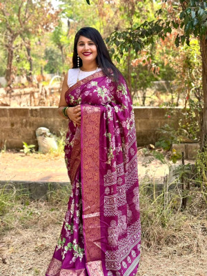Magenta color dola silk saree with printed work