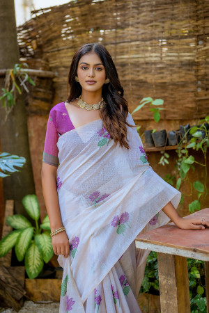 Magenta color soft muga silk saree with floral weaving work