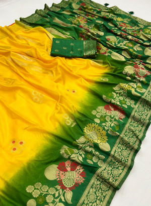 Yellow and green color dola silk saree with zari weaving work