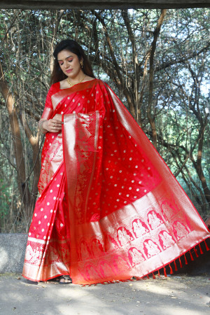 Pink color soft satin silk saree with zari weaving work