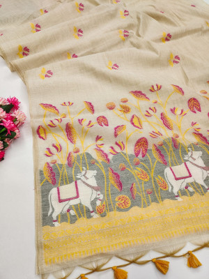 Cream and yellow color muga silk saree with pichwai weaving design