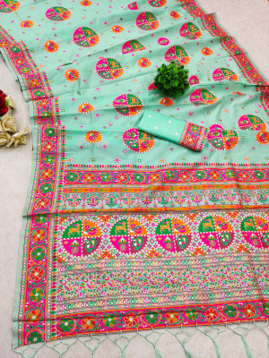Sea green color pushmina silk saree with weaving work