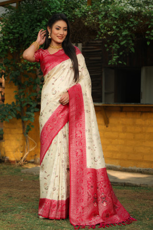 Off white color kanjivaram silk saree with zari weaving work
