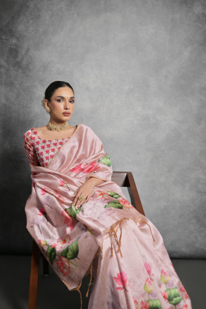 Pink color soft silk saree with printed work