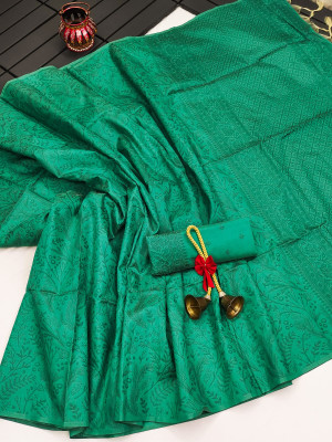 Rama green color soft handloom raw silk saree with weaving work
