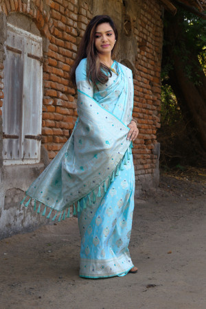 Sky blue color soft satin silk saree with zari weaving work