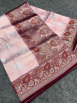Baby pink and magenta color kanjivaram silk with saree zari weaving work
