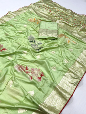 Pista green color soft viscose silk saree with zari weaving work