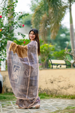 Beige color tussar silk saree with madhubani printed work