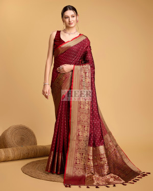 Maroon color banarasi silk saree with zari weaving work