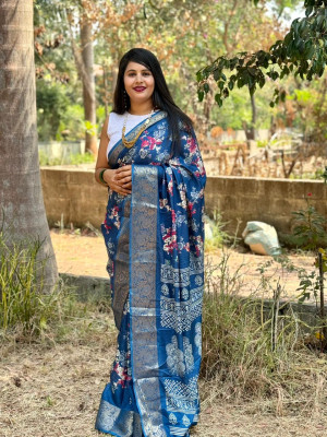 Firoji color dola silk saree with printed work
